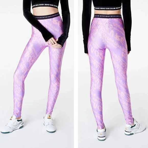 NWT Versace Jeans Couture Logo Print Leggings Iris Pink Barbiecore Luxury - Picture 1 of 12